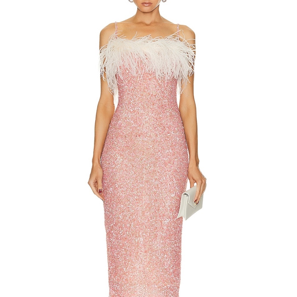 Rachel Gilbert BRAND NEW Elegant Pink Feathered Women's Dress